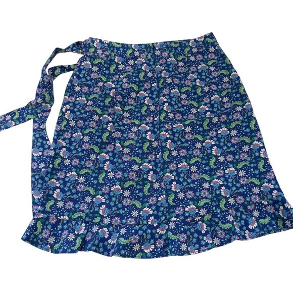 LOFT Floral Wrap Skirt With Ruffle Hem Blue/Green Womens Petite 2P Linen Blend - Picture 7 of 9